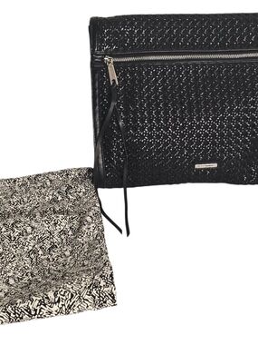 Rebecca Minkoff Black Woven Leather Studded Clutch Envelope Bag Tassel ZipRebecc